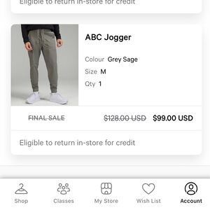 Mens Lululemon ABC Jogger Regular Medium Sage Green